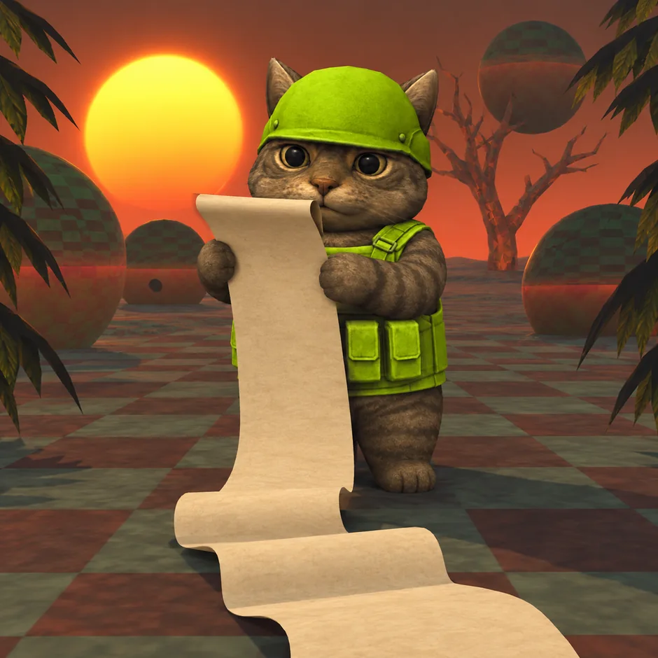 Call Of Cat reading a very long blank scroll